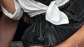 Slut College Girl in Mini Skirt, Fishnets & Heels Fucks Her Teacher & Gets Cum on Chest & Tits