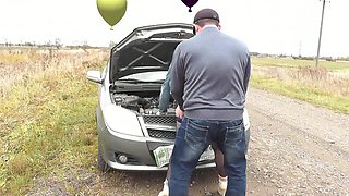 Sex in public. Sexy blonde Milf car broke down on highway. Random passerby helped fix it, then put my wife on the hood, fucked pussy doggy style and cum. Cumshot. Outdoor. Outside. Public fucked