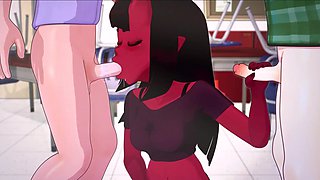 3d animated cartoon of a sexy devil girl fucking with threed nerdy dicks