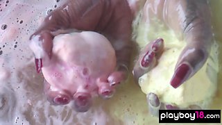 Ebony babe dildoing her wet black slit