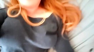 Classy redhead MILF in black lingerie fucks with black stag