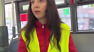 Slim Brunette Swindler Playing a Conductor Pleases a Fake Officer With BJ & Hot Sex To Avoid Arrest