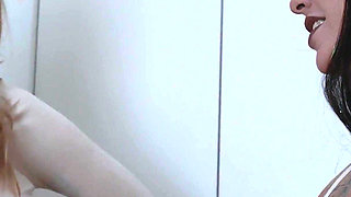 Blonde Step Mom and Step Daughter Kiss and Help Step Son Cum in Their One Bed Hotel Threesome