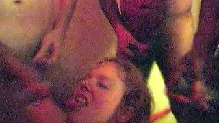 Blonde milf housewife having group sex in a kitchen