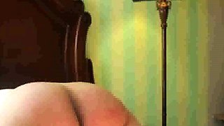 Lashing slut Mary's fat old ass with the belt