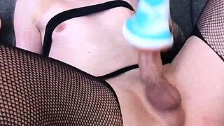 Blonde TS in Fishnets fucking her Sextoy Part 2