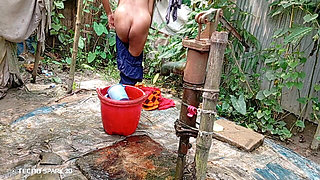 Refreshing Outdoor Bath in an Open Field