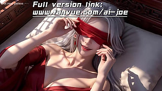 A Chinese classical beauty with skin as white as snow, dressed in red and with white hair. Blowjob, first episode, AI-generated