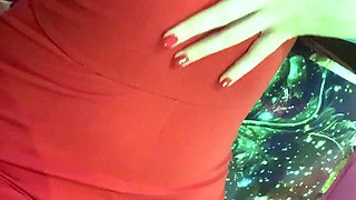 Busty curly brunette with big boobs fucks on couch