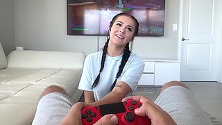 She distracts him from gaming until he grants her with a creampie