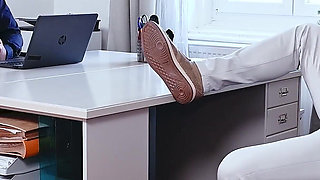 Female Boss in High Heel Boots Gets Fucked in the Office by 2 Employees with Big Dicks