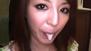 Blowjob in the kitchen from milf Rika Tamura and cum in mouth