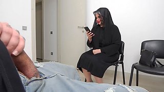 Public dick flashing! Naive muslim woman in hijab caught me jerking off in a public waiting room