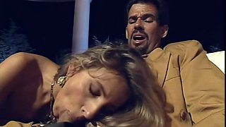Vintage blonde delivers double penetration group cumshot
