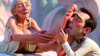 Giantess Old Granny Foot Slave Worship - Tiny Man Licking Her Giant Feet