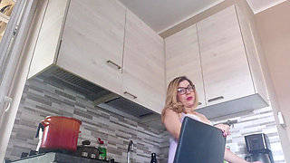 Hot Girl in the Kitchen Without Panties