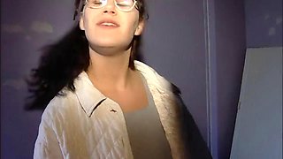 Glasses Cute Brunette Slurps Big Cock on Toilet