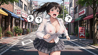 Running down a bustling street, exposing her huge breasts beneath her clothes