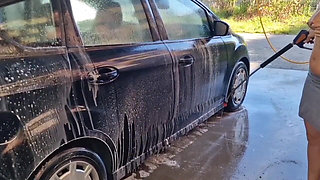 I Undress While Washing the Car at the Car Wash, Showing My Tits and Pussy in Public