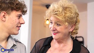 Curvy 72 Year Old Granny Noretta Seduces Her Grandson's Best Friend To Fuck Her Hard On The Couch