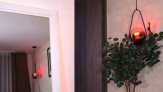 Busty curly brunette with big boobs fucks on couch