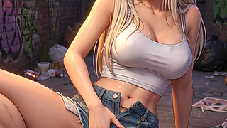 Blonde in white top and thick breasts, masturbating in the side alley