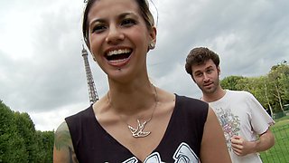 Emo James and sultry Holly play outdoors in public view, clothes barely hiding their naughty desires