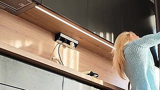 Hottest One of the Most Beautiful Wives Ever Petite Blonde in the Kitchen Goes No Panties Shows Tight Shaved Pussy and Naked Ass