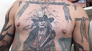 Tattooed skinny guy fucking his fat wife