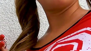 Cheerleader teen Febby Twigs cheerleader deepthroat POV blowjob and cum swallow