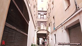 Tied up babe Liz Rainbow performs public giving head