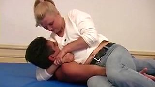 dude receives dominated by strong blonde