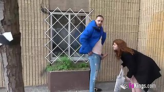 Crazy redhead found after a party night having a STREET BLOWJOB