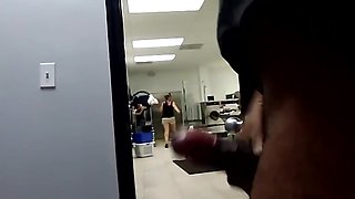 Jerkin off to two women doing laundry  one watches cum