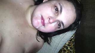 Obedient Wife with Eater Takes a Big Cumshot in Front of Her Husband