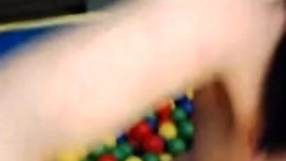 Busty curly brunette with big boobs fucks on couch