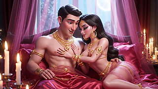 Erotic Fantasy Romance - Golden Jewelry Couple Deep Kissing & Bed Play