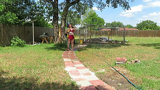Bikini fun with water then strip outside