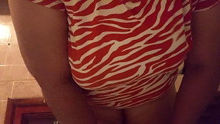 Chubby mom in the kitchen showing thong 2