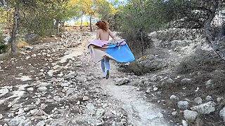 Naked Outdoor Walk with Coat in Mountains!