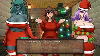 Naughty Minecraft parody game with three sexy girls under the Christmas tree