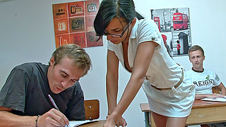 Leggy MILF Assfucked Over the Office Table by Two Guys