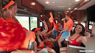 Crazy College GFs: Horny Cheerleaders Traveling Fan Fuck Fest with Brunette Emerald Loves - Threesome Orgy