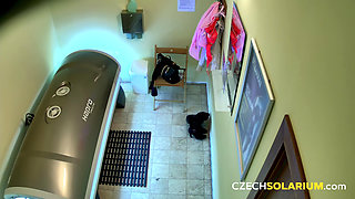 Czech Solarium 68: Shaved Pussy Spread Wide, Loving the Attention