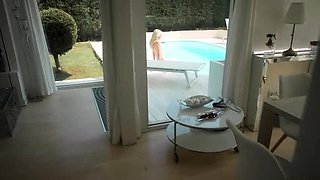 Dazzling blonde impales tight shaved pussy on POV cock