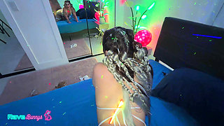 Tiny Rhea In White Fishnets Takes Hussie Deep Under Neon Lights!