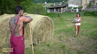 Latina cuckold fucks her farmer outdoors before her husband arrives -