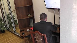 The boss and the secretary. The office boss fucks the secretary with doggy style and missionary. Sex in the office. Creampie. Cum in pussy