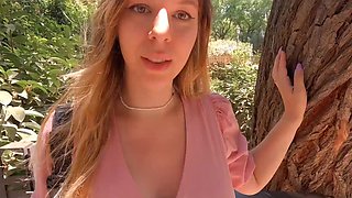 Sweet tourist teen wearing a nice pink dress gives the best head to a local guy outdoor