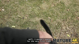 MATURE4K. Brunette on high heels seduced a young guy in the woods and fucked in public